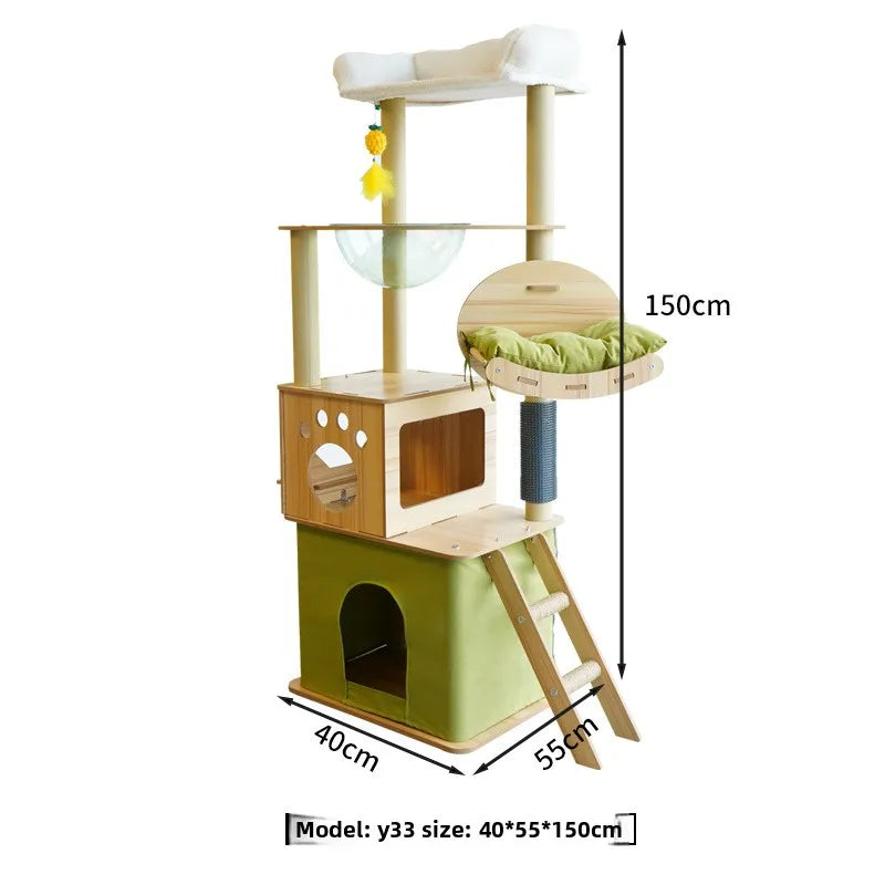Arbre à chat en bois avec capsule spatiale et poteaux à griffer