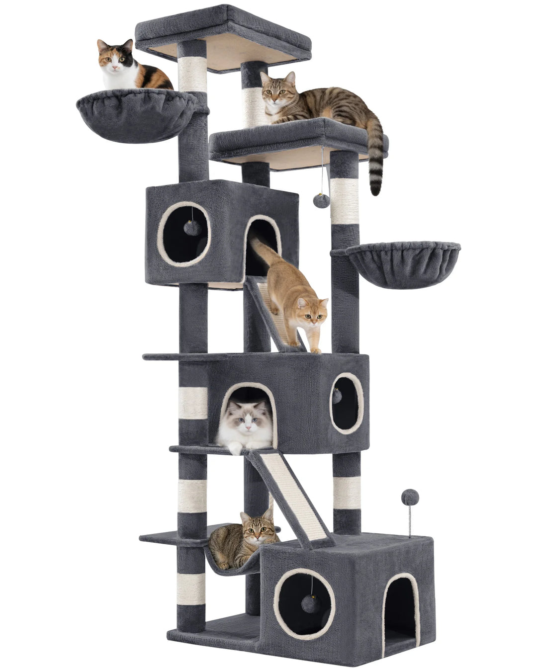 Arbre à chat XXL 213 cm gris pour Maine Coon avec niches et hamac
