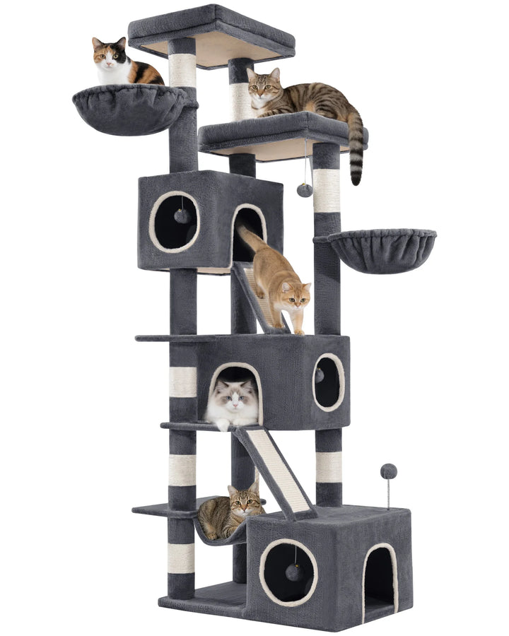 Arbre à chat XXL 213 cm gris pour Maine Coon avec niches et hamac