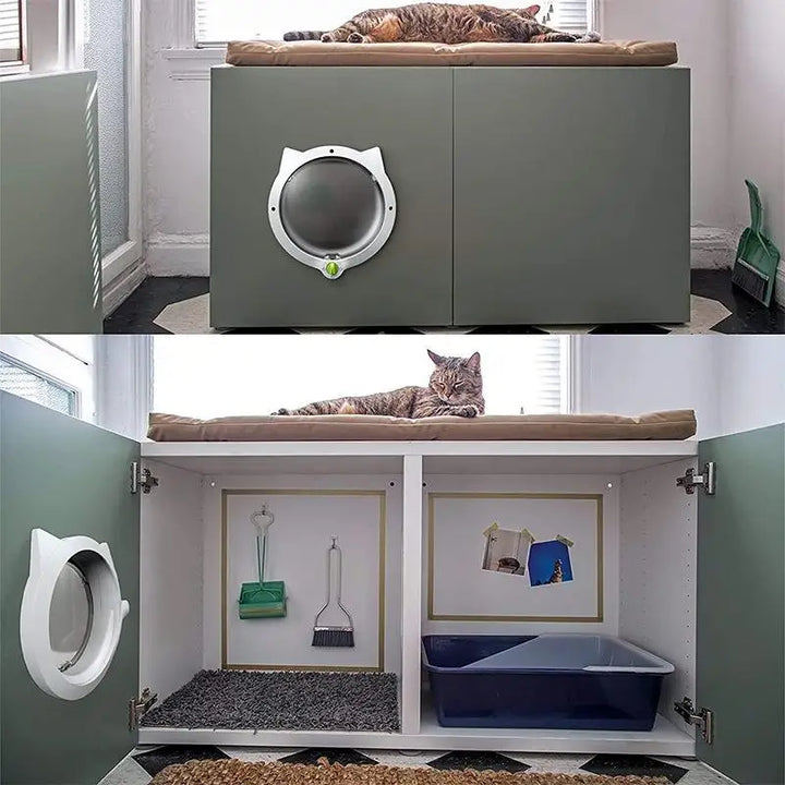 Armoire pour chat grise avec coussin,entrée ronde et espace pour litière et accessoires.