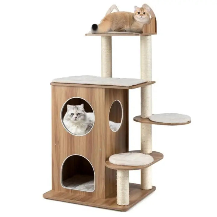 Arbre à chat 122 cm en bois naturel avec niche et coussin amovible