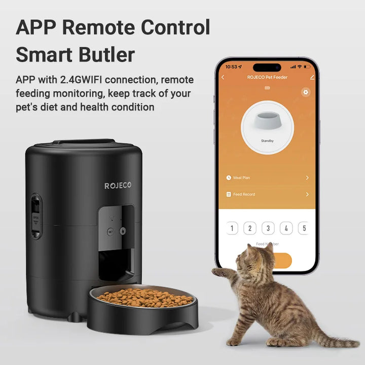 Distributeur automatique ROJECO noir avec application de contrôle à distance pour animaux de compagnie.