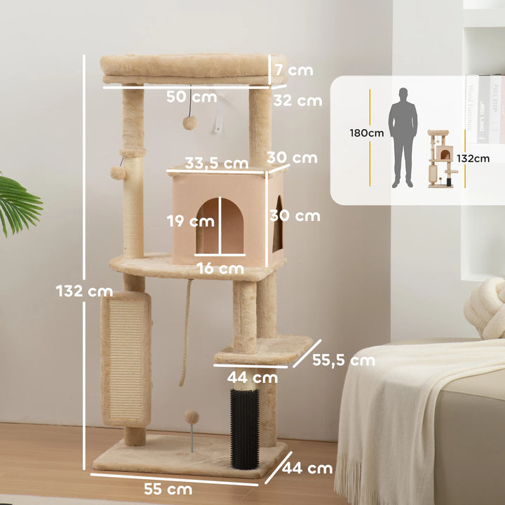 Arbre à chat 132 cm beige avec brosse intégrée et niche