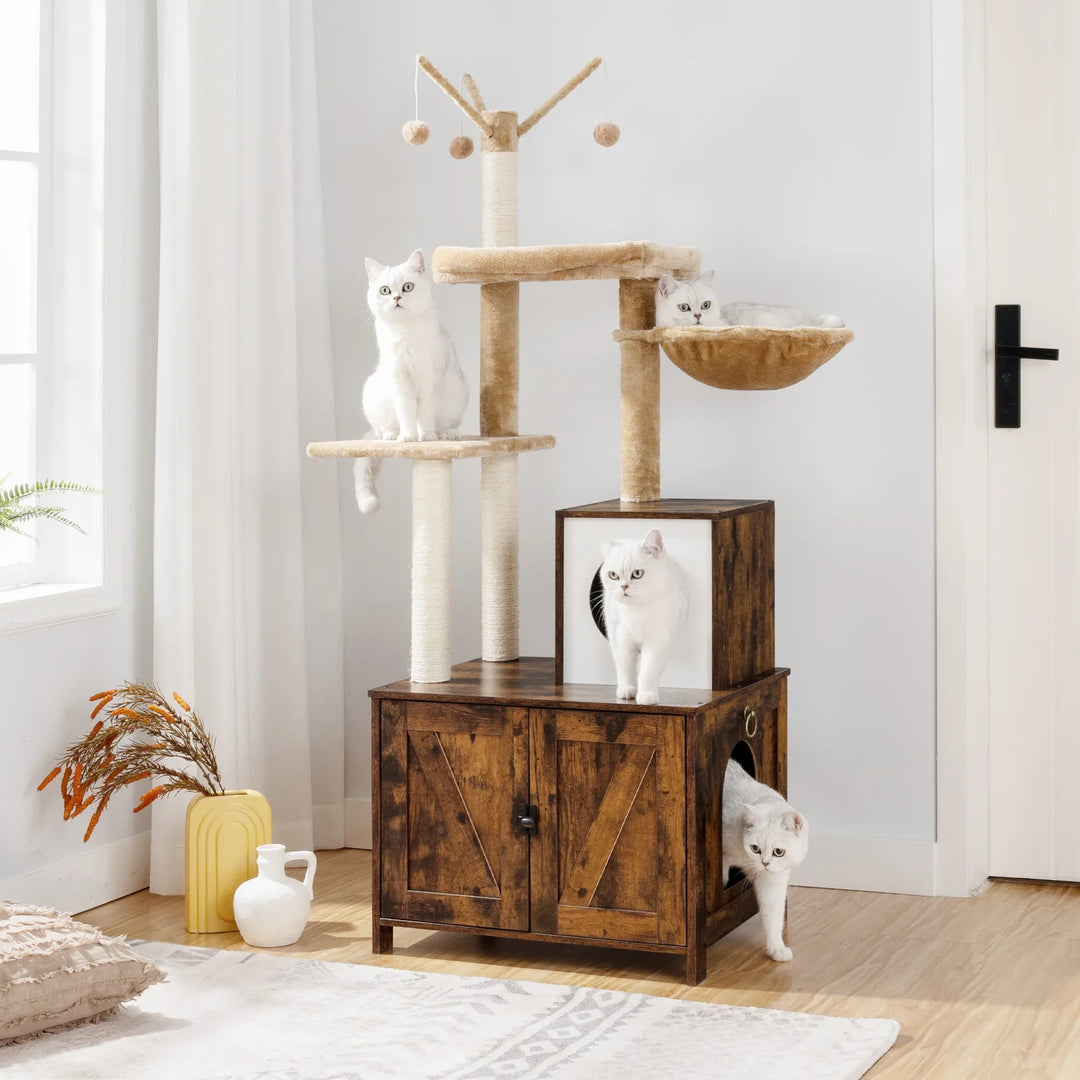 Rustic Wooden Cat Tree with Litter Box - "HideawayPaws Pro" Model