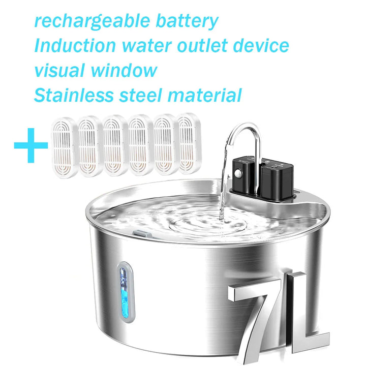Dispositif de sortie d'eau en acier inoxydable 7L avec fenêtre visuelle et batterie rechargeable.