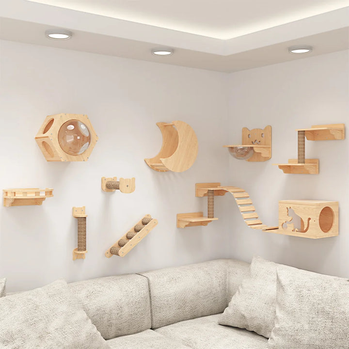 Wooden wall-mounted cat tree with transparent tube - MerveillesMurales