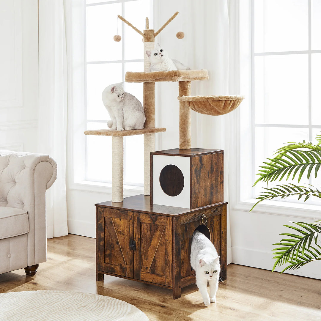 Rustic Wooden Cat Tree with Litter Box - "HideawayPaws Pro" Model