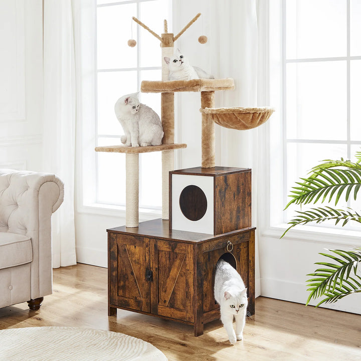 Rustic Wooden Cat Tree with Litter Box - "HideawayPaws Pro" Model