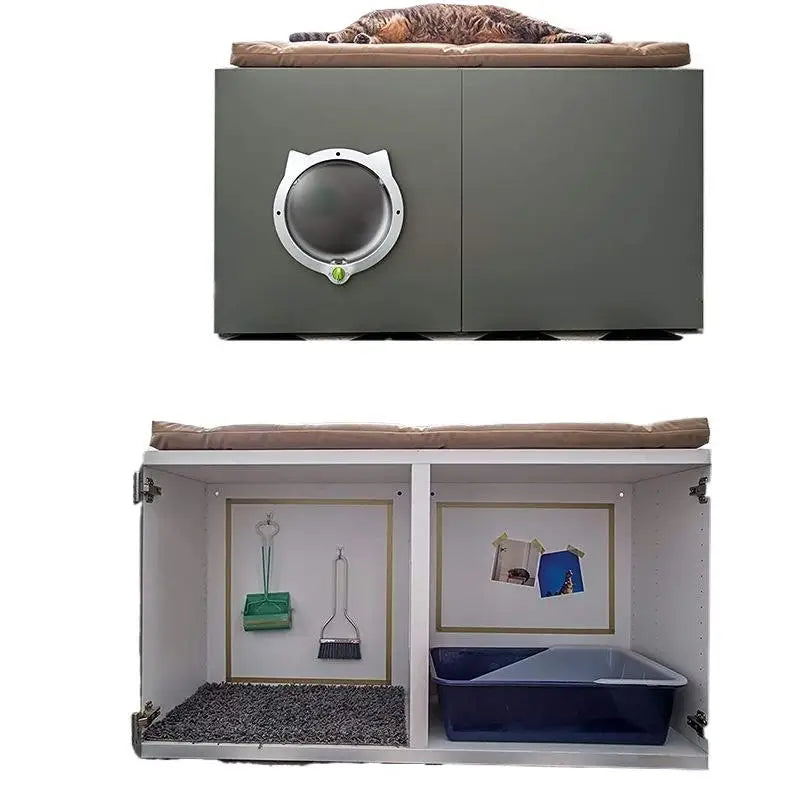 Ameublement pour chat en bois gris avec coussin, fonction de rangement et bac à litière intégré.