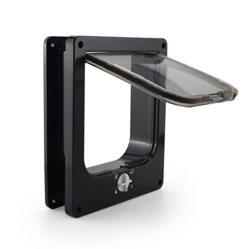 Trappe pour animaux en plastique noir avec volet transparent et réglage, idéale pour portes.