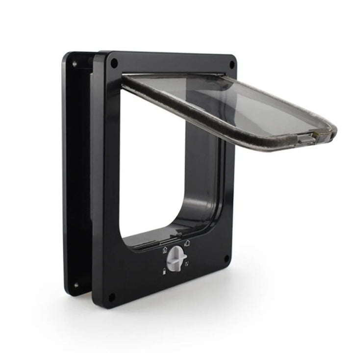 Trappe pour animaux en plastique noir avec volet transparent et réglage, idéale pour portes.