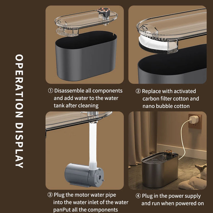 Appareil de purification de l'eau noir, instructions d'utilisation, filtre à charbon activé et fonction bulle nano.