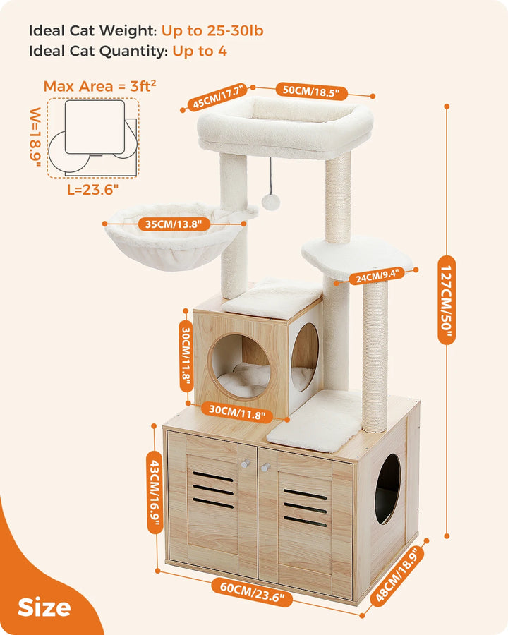 Designer Wooden Cat Tree with Litter Box - LuxeNest Model 