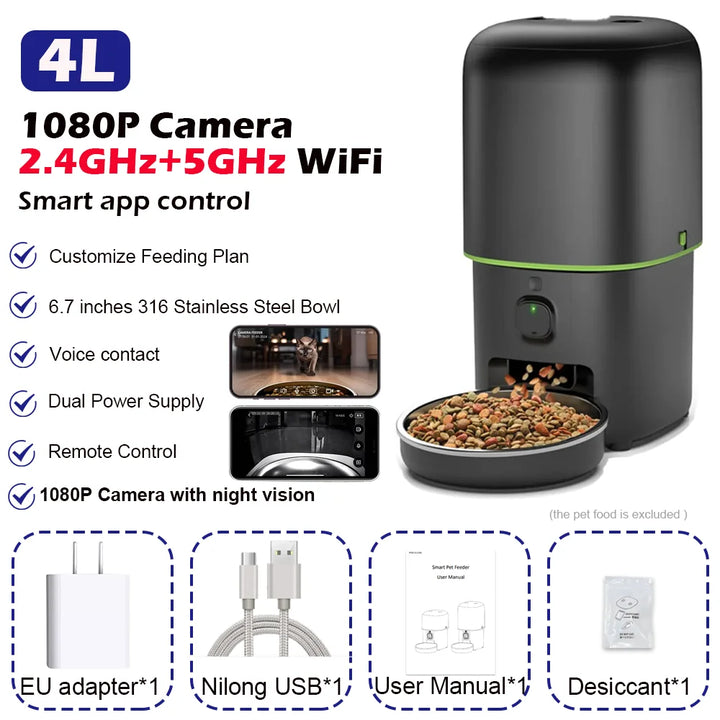 Distributeur automatique connecté pour animaux, 4L, avec caméra 1080P et bol en acier inoxydable.