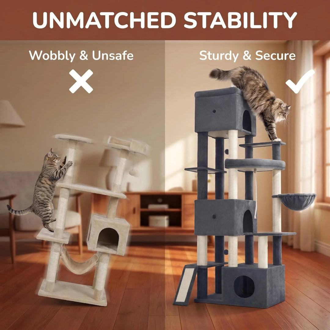 Arbre à chat XXL 202 cm gris foncé avec trois niches et hamac