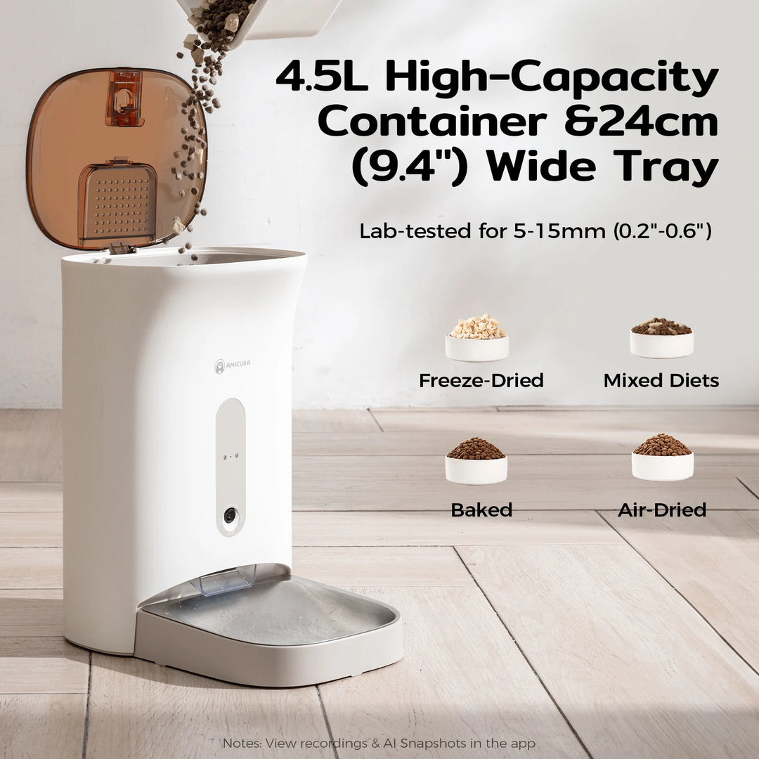 Distributeur automatique de nourriture 4,5L, blanc, avec plateau large de 24cm, pour régimes variés.