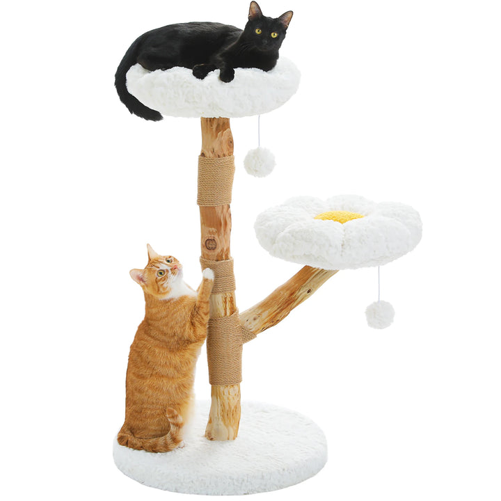 Arbre à chat en bois massif blanc avec couchages en forme de fleur