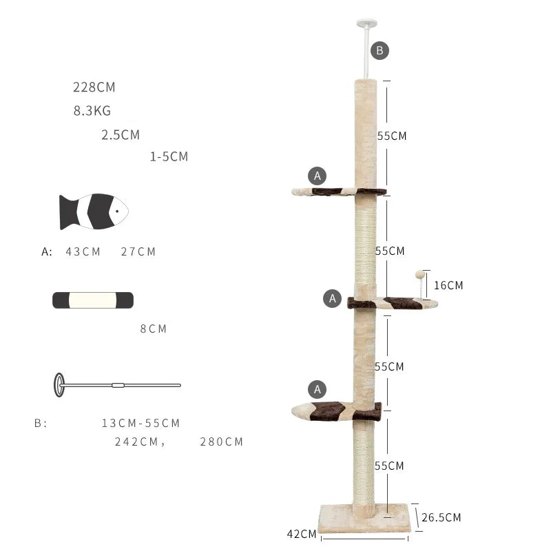 Maine Coon Cat Tree Adjustable from Floor to Ceiling - Model: "SkyTower"