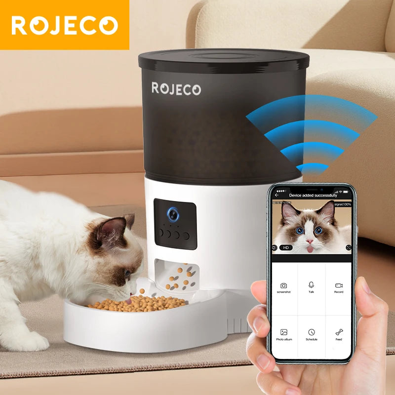Distributeur automatique de nourriture pour chat ROJECO, noir et blanc, avec connexion Wi-Fi et caméra intégrée.