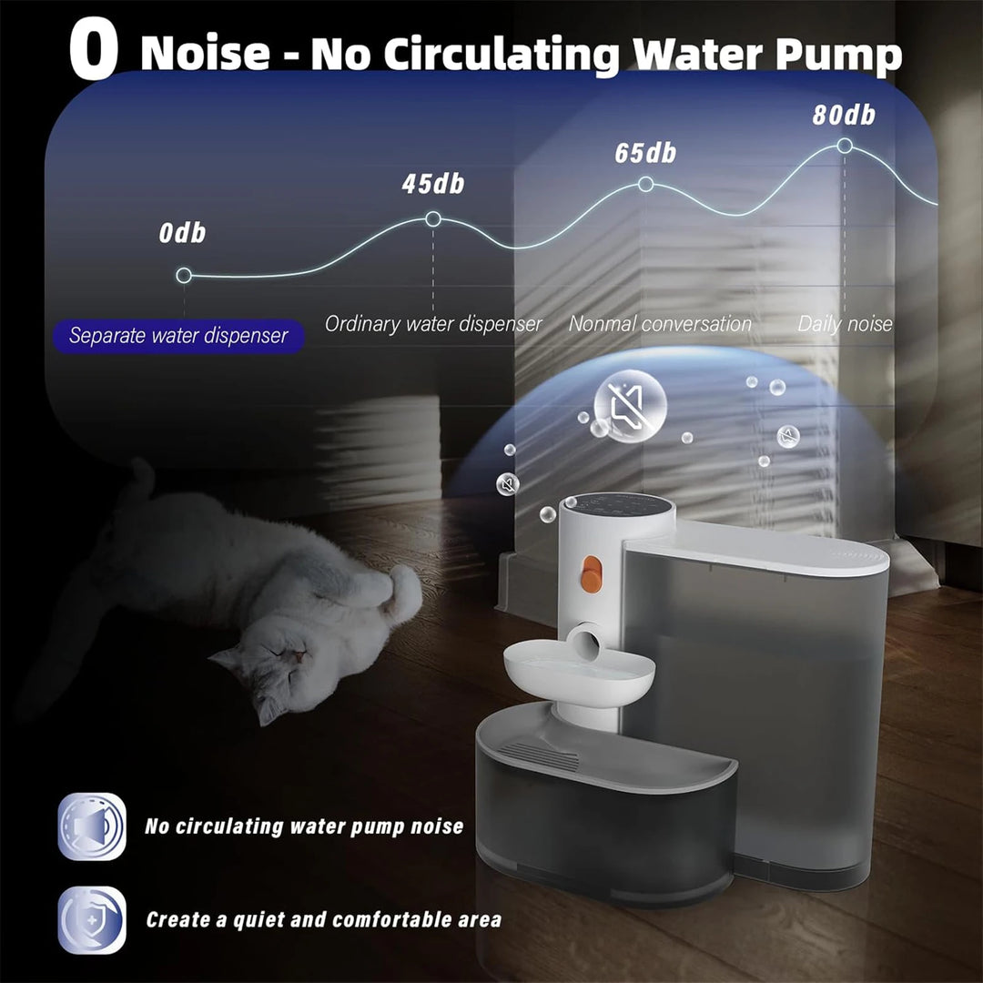 Distributeur d'eau silencieux, gris et blanc, sans pompe à circulation, crée un environnement calme.