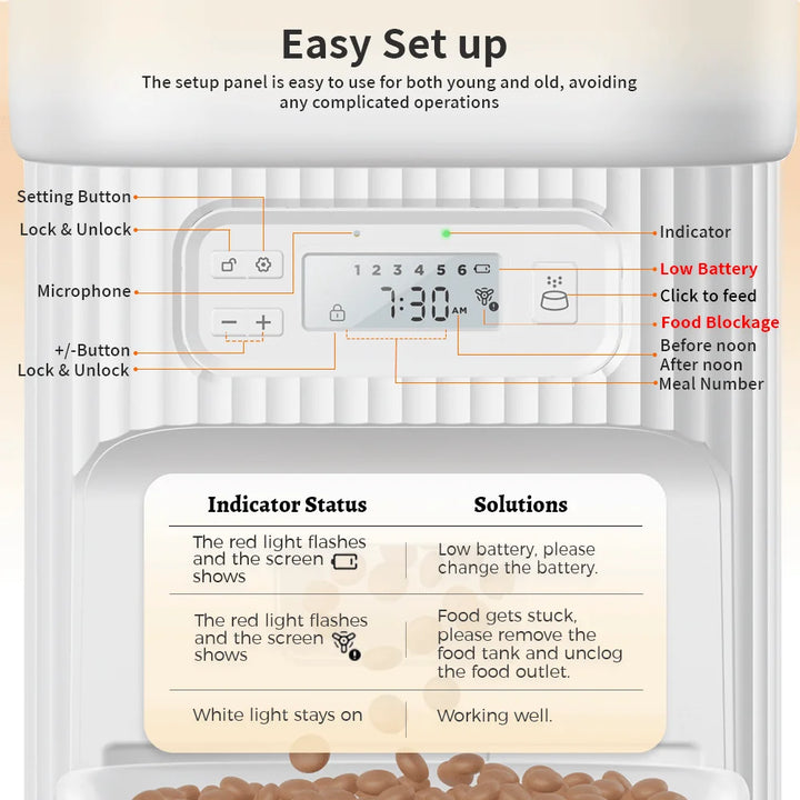 Panneau de configuration facile d'un distributeur automatique, indiquant batterie faible et blocage de nourriture.