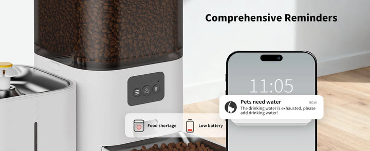 Distributeur automatique pour animaux en plastique blanc avec notifications intelligentes pour eau et nourriture.