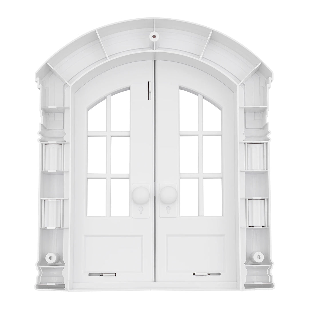 Porte double blanche en plastique avec vitres et étagères intégrées, design élégant et moderne.