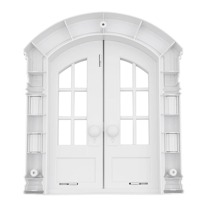 Porte double blanche en plastique avec vitres et étagères intégrées, design élégant et moderne.