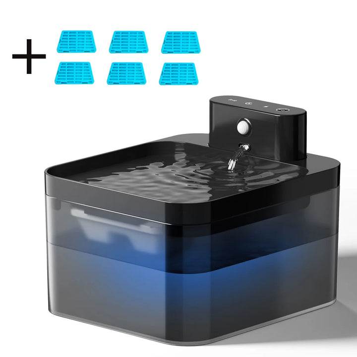 Fontaine à eau moderne noire avec lumière bleue et 6 réservoirs en silicone intégrés.