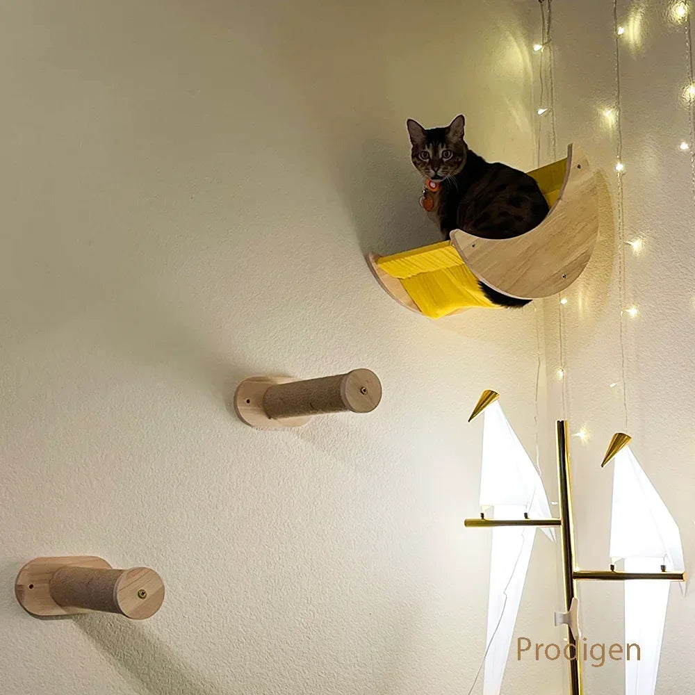 Wooden Wall-Mounted Cat Tree (Hammock, Stairs, Scratching Post) - AventureCiel