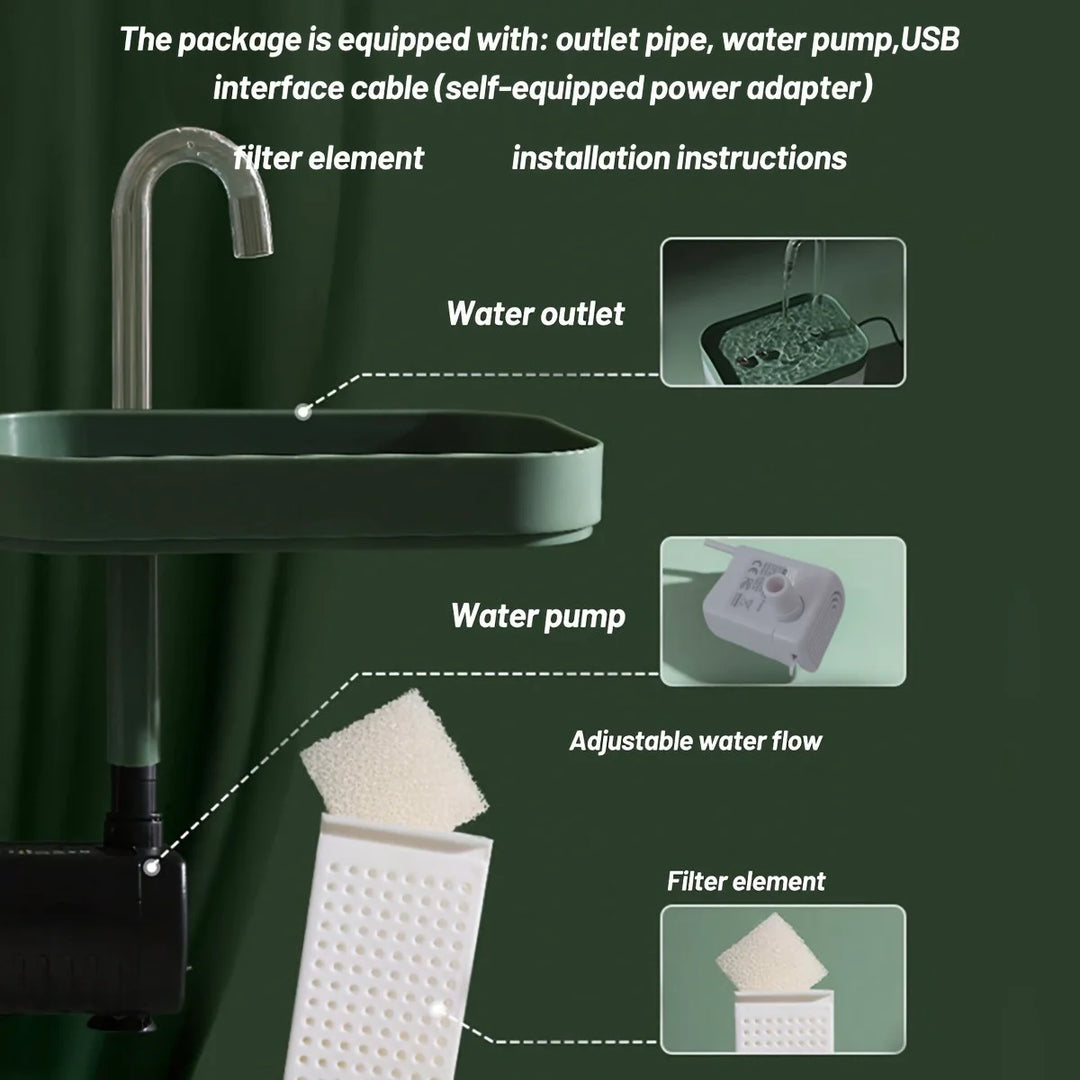 Système de filtration d'eau avec pompe, tuyau de sortie et élément filtrant, couleur verte.