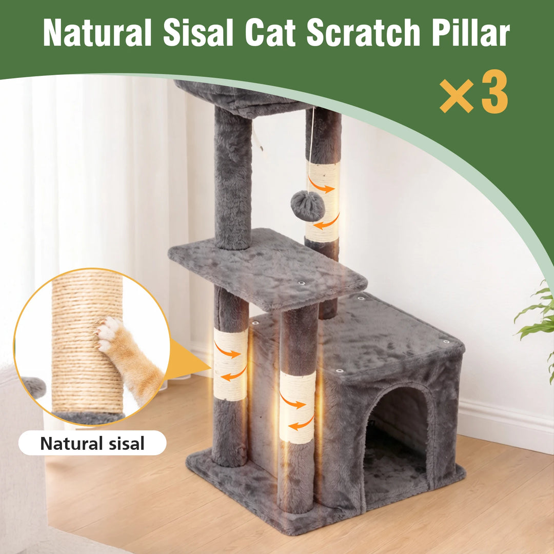 Arbre à chat compact 80 cm gris avec double niche et griffoirs