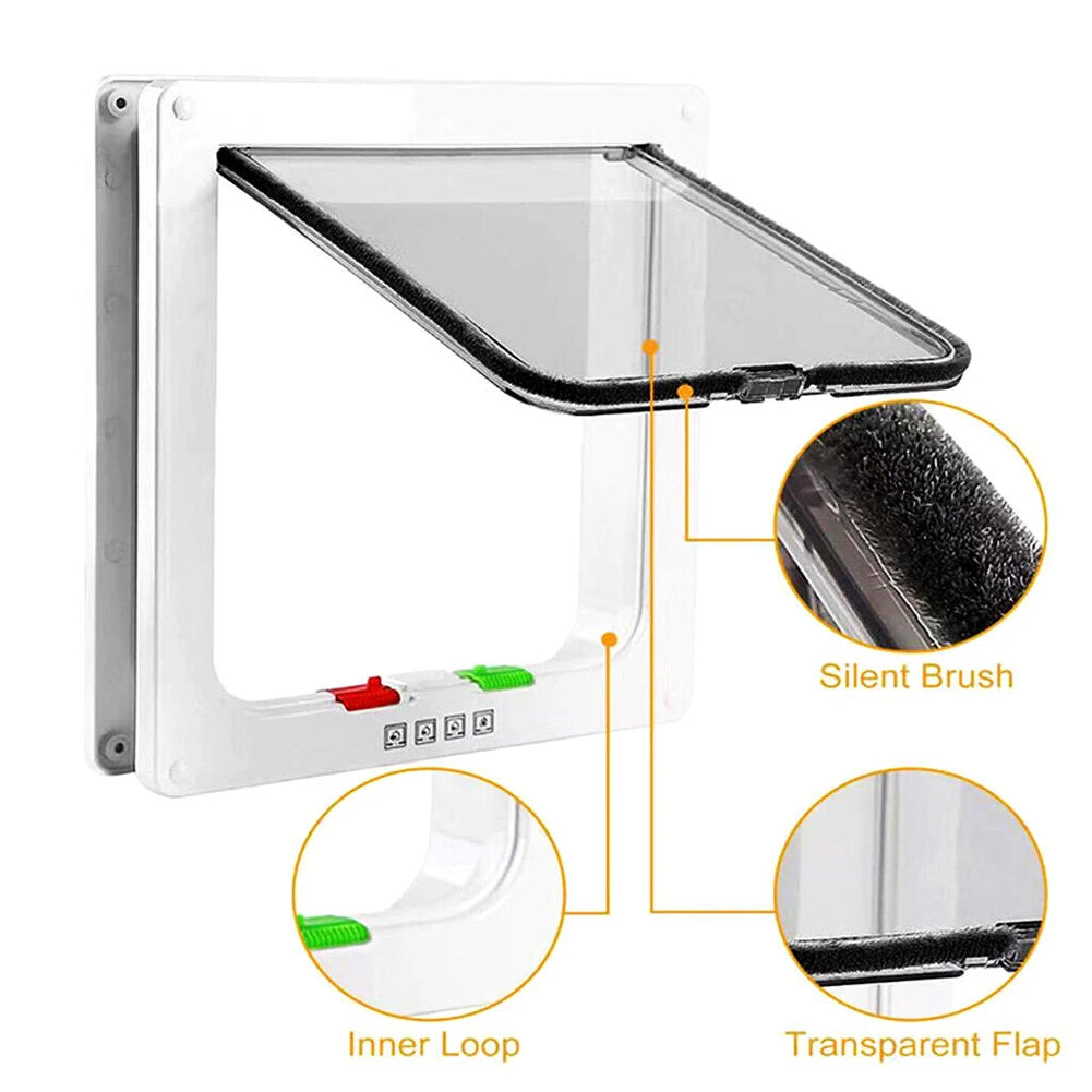 Chatière en plastique blanc avec volet transparent, brosse silencieuse et boucle intérieure, facile à utiliser.