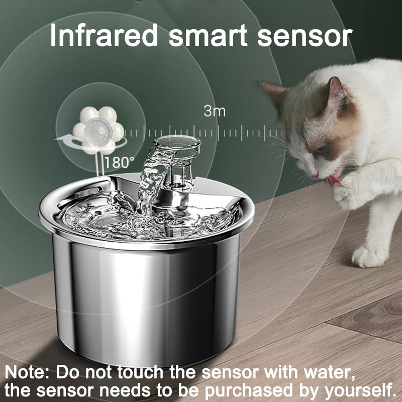 Fontaine pour animaux avec capteur infrarouge, finition en acier inoxydable, design moderne et élégant.