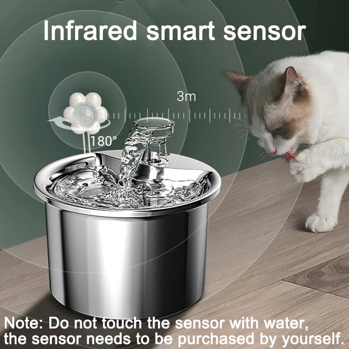 Fontaine pour animaux avec capteur infrarouge, finition en acier inoxydable, design moderne et élégant.