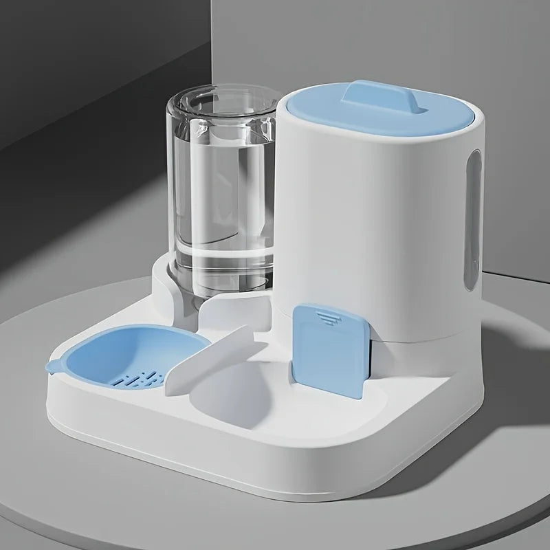 Distributeur d'eau automatique blanc et bleu avec verre en verre transparent, pratique pour animaux de compagnie.
