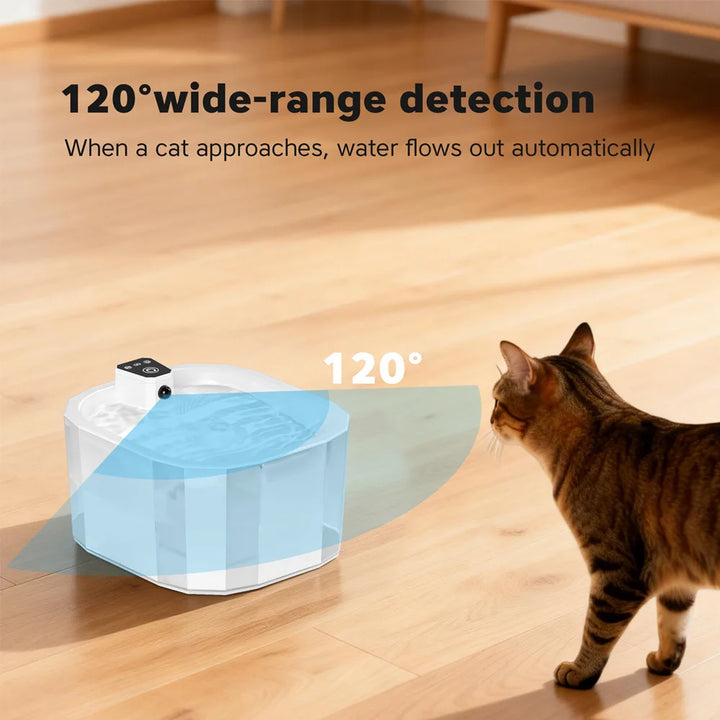 Fontaine pour chat blanche avec détection à large portée de 120°, idéale pour l'hydratation des animaux.