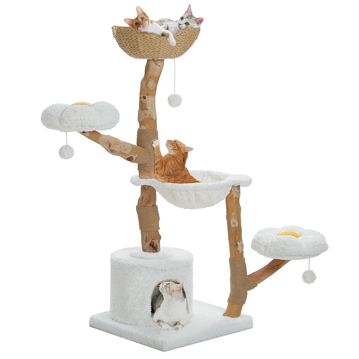 Arbre à chat 150 cm en bois massif avec panier tressé et plateformes fleur
