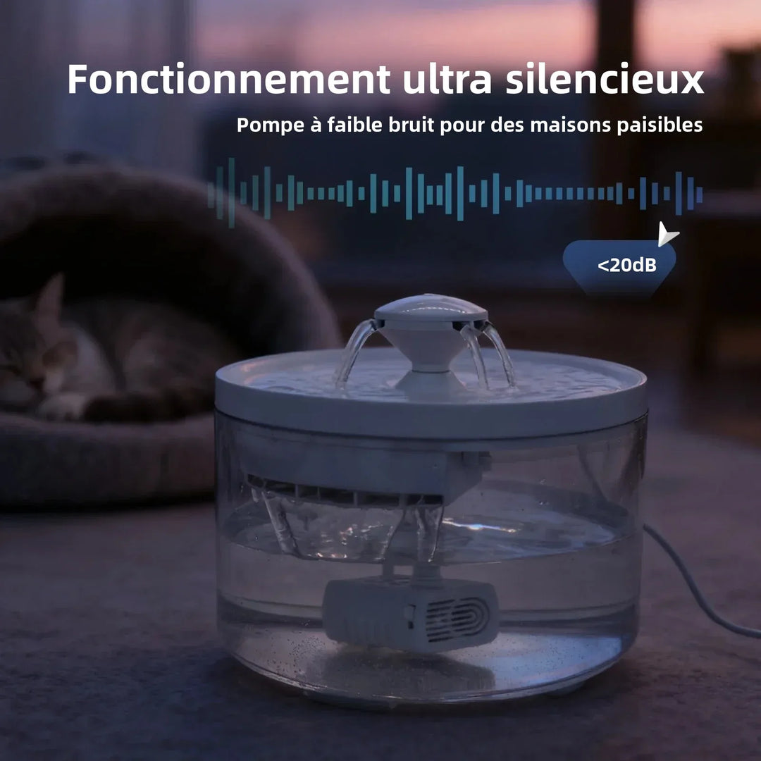 Fontaine à eau silencieuse en plastique transparent, fonctionnement <20dB, idéale pour maisons paisibles.