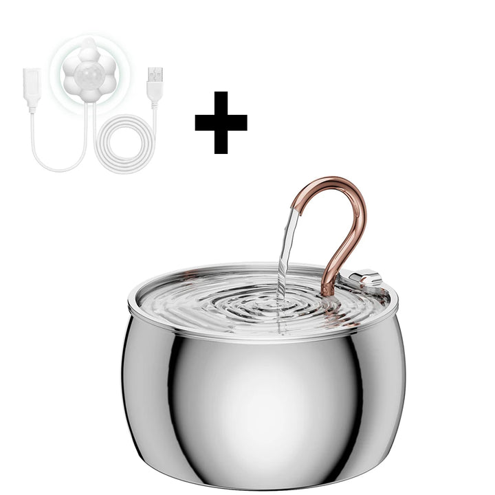 Fontaine d'intérieur en acier inoxydable avec éclairage LED, couleur argent, design moderne avec robinet cuivré.