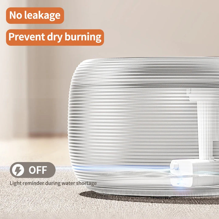 Humidificateur blanc anti-fuite avec indicateur de manque d'eau, prévient la combustion à sec.