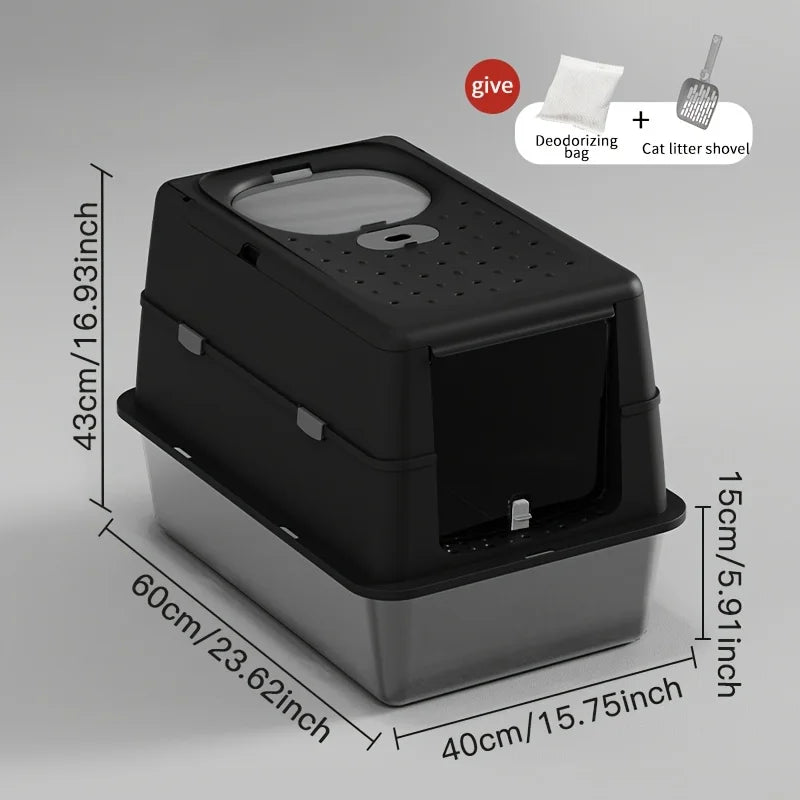 Bac à litière chat en acier inoxydable avec couvercle basculant – Modèle "SteelFlip Premium"