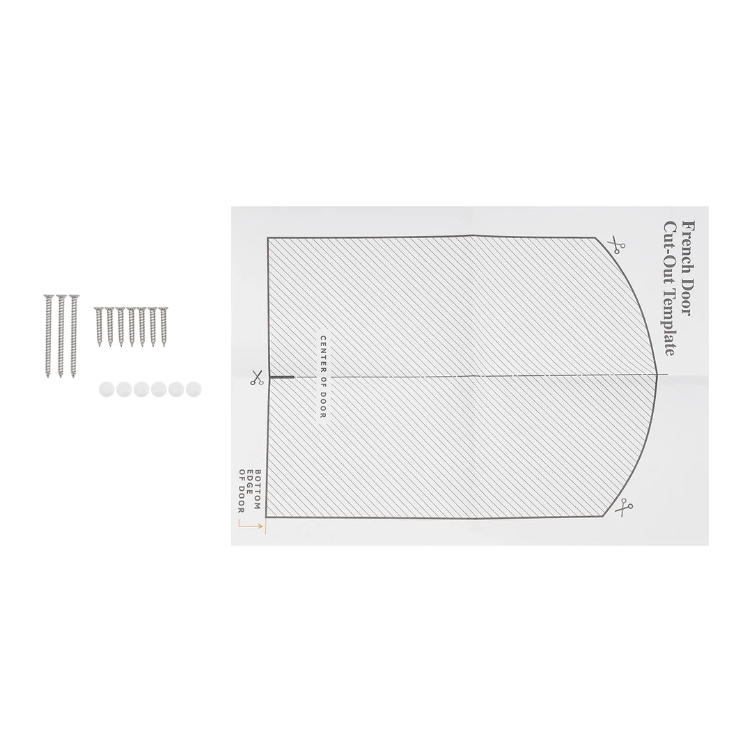 Modèle de découpe pour porte française, inclus vis argentées et accessoires, idéal pour la rénovation.
