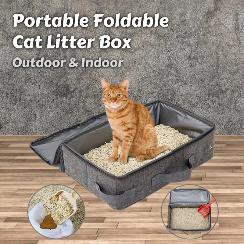 Boîte à litière pliante portable pour chat, grise, intérieure et extérieure, idéale pour les voyages.