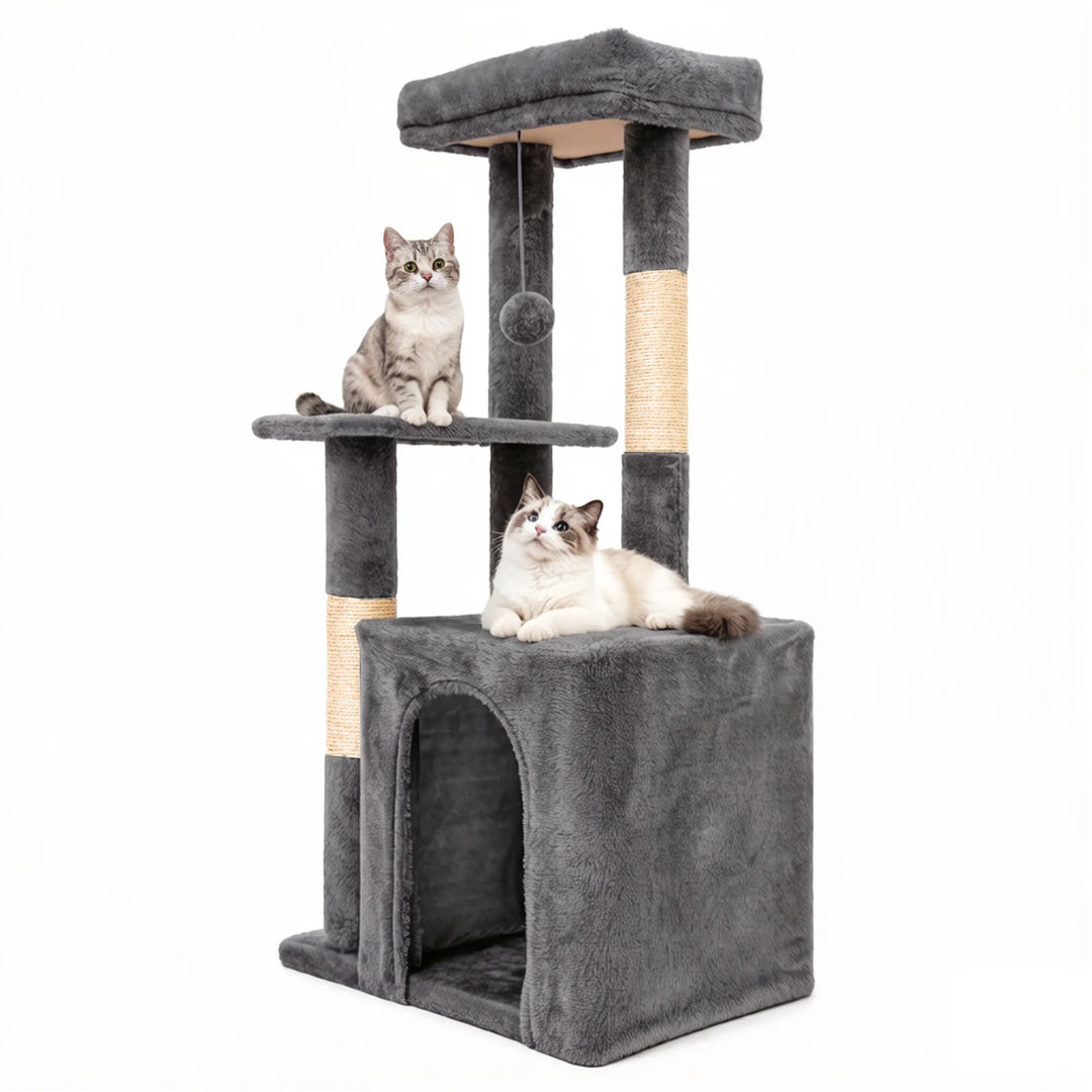 Arbre à chat compact 80 cm gris avec double niche et griffoirs