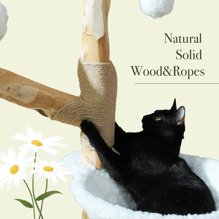 Arbre à chat 150 cm en bois massif avec panier tressé et plateformes fleur