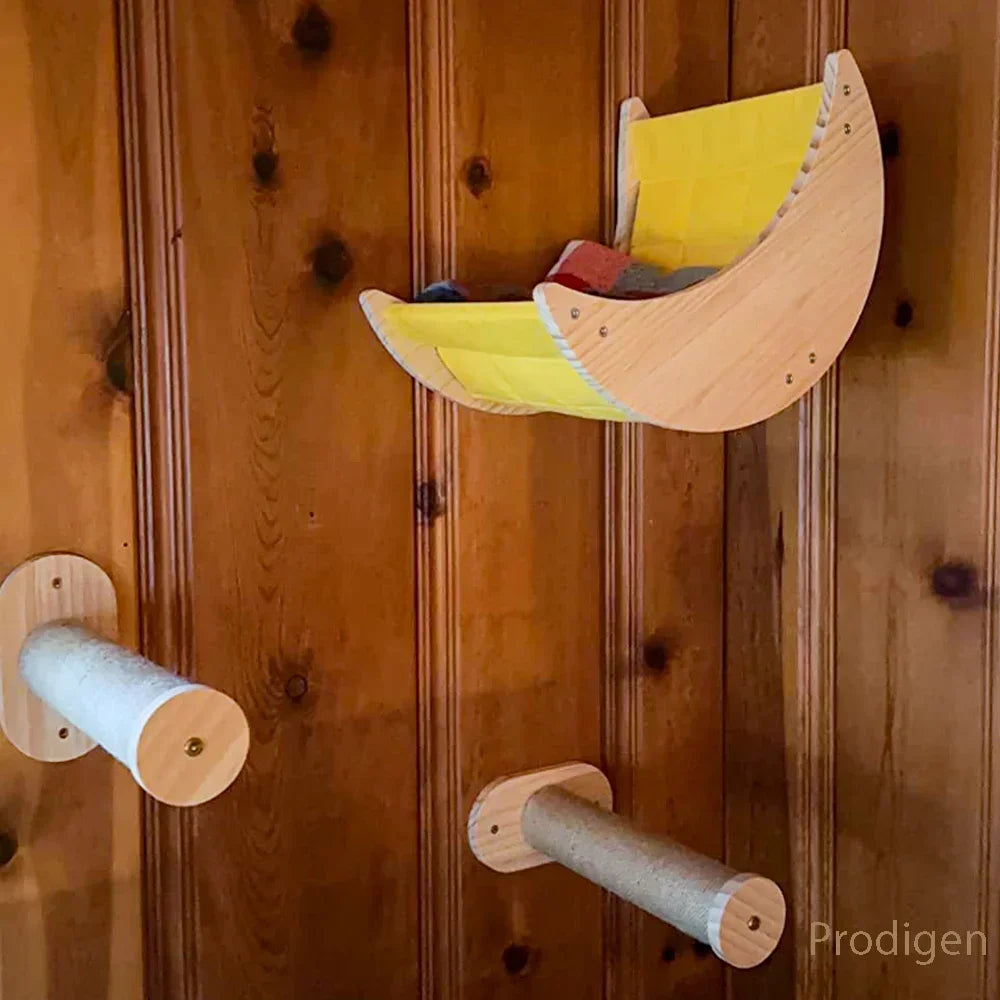 Wooden Wall-Mounted Cat Tree (Hammock, Stairs, Scratching Post) - AventureCiel