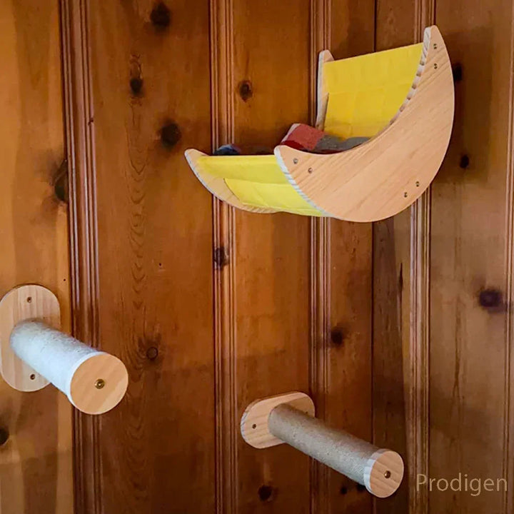 Wooden Wall-Mounted Cat Tree (Hammock, Stairs, Scratching Post) - AventureCiel