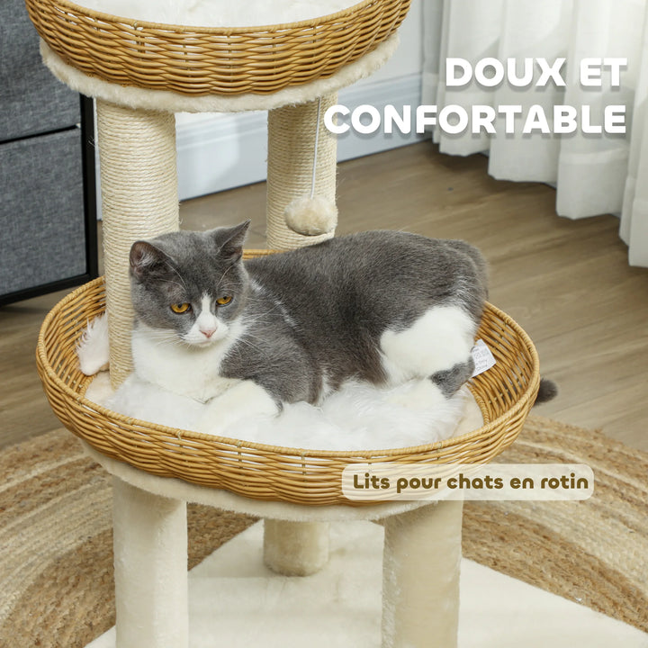 Arbre à chat 75 cm avec deux paniers en rotin et coussins lavables