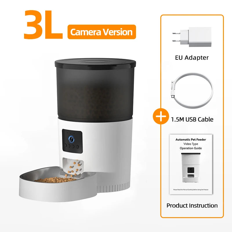 Distributeur automatique d'aliments pour animaux de compagnie, 3L, version caméra, blanc avec chargeur et câble USB.